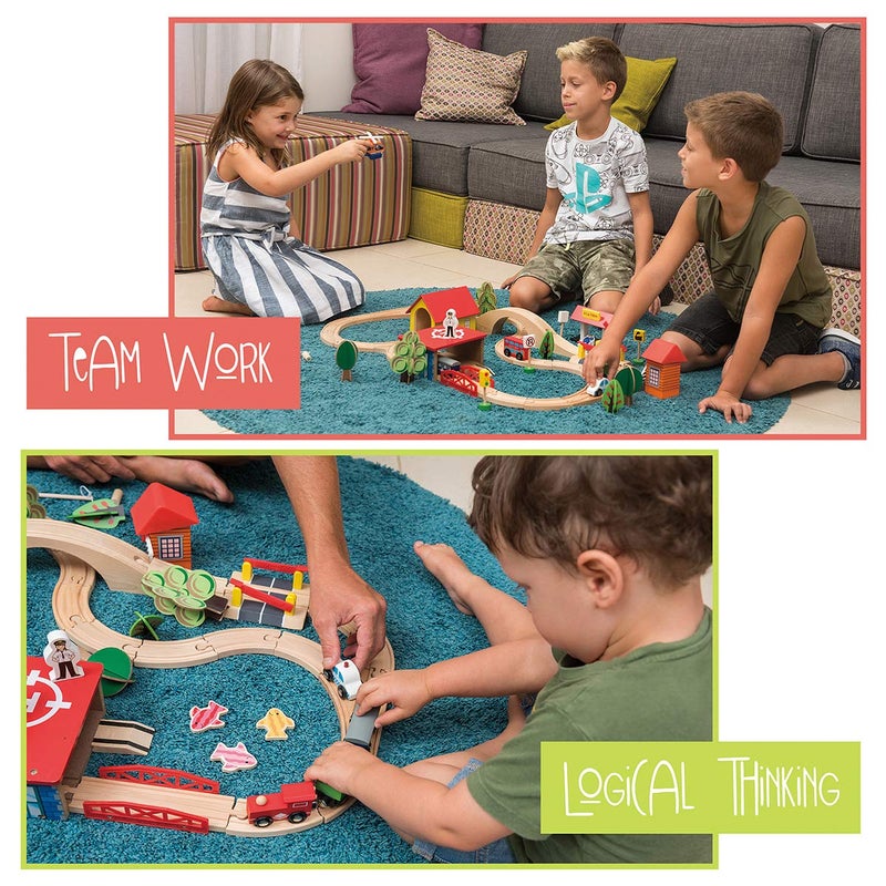 KipiPol Wooden Train Set - 69 Pieces Wooden Train Tracks & Trains for Kids, Toddler Boys and Girls 3,4,5 Years Old and Upâ€“ Premium Wood Construction Toys -Fits Thomas, Brio, IKEA, Melissa and Doug - Image 4